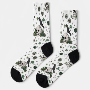 St Patrick's Day White & Green Skulls & Rose Socken