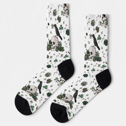 St Patrick's Day White & Green Skulls & Rose Socken (Linkes Detail)