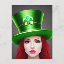 St. Patricks Day Woman Red Hair Green Tophat Postkarte