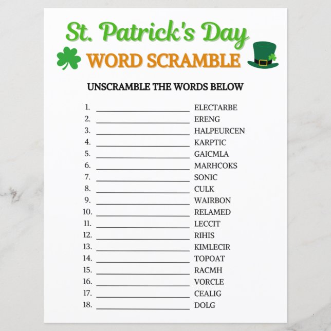 St. Patrick's Day Word Scramble Game (Vorderseite)