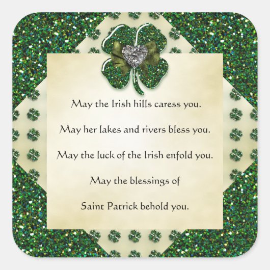 St. Patrick's Funkelnd Kleeblatt/Herzirisch Quadratischer Aufkleber (Vorderseite)