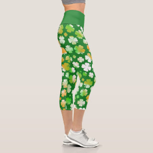 St Patrick's Kleeblatts Muster Grün Weiße Orange Capri Leggings