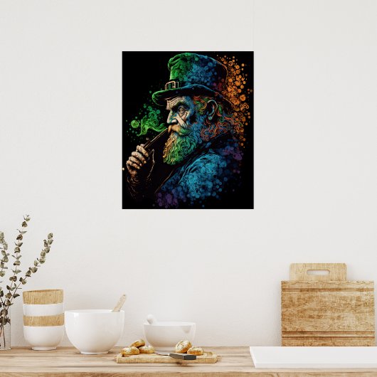St Patrick's Leprechaun Smoking Pipe Ai Art Poster (Küche)