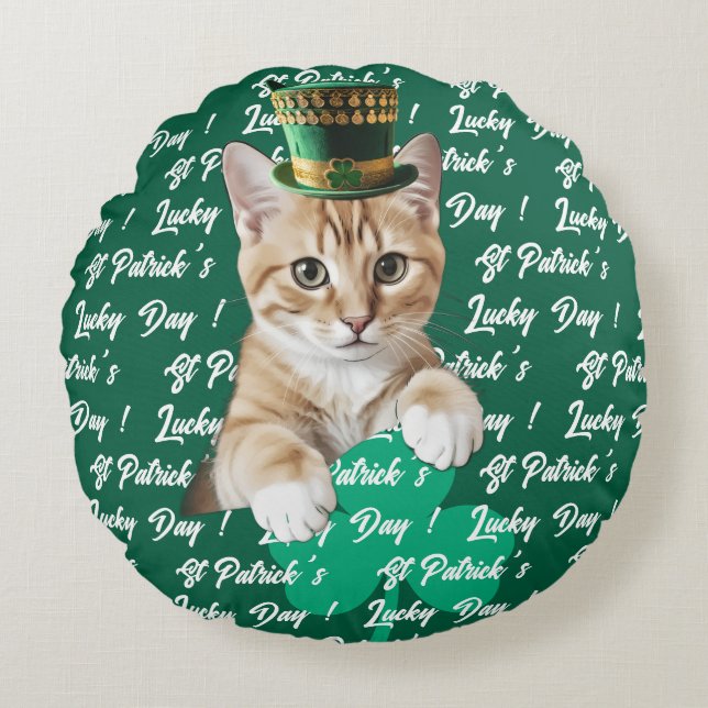 St Patrick's Lucky Day Cute Cat Leprechaun Hat, Rundes Kissen (Vorderseite)