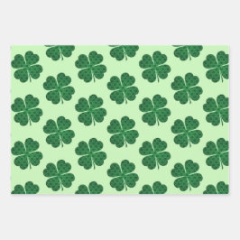 St Patricks Lucky Four Leaf Green Clover Pattern Geschenkpapier Set