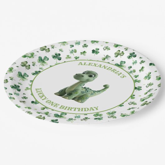St Patricks Lucky One Dinosaur Papierplatte Pappteller (Schrägansicht)