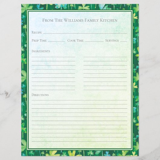 St. Patrick's Shamrocks Green Recipe Paper Sheet (Rückseite)