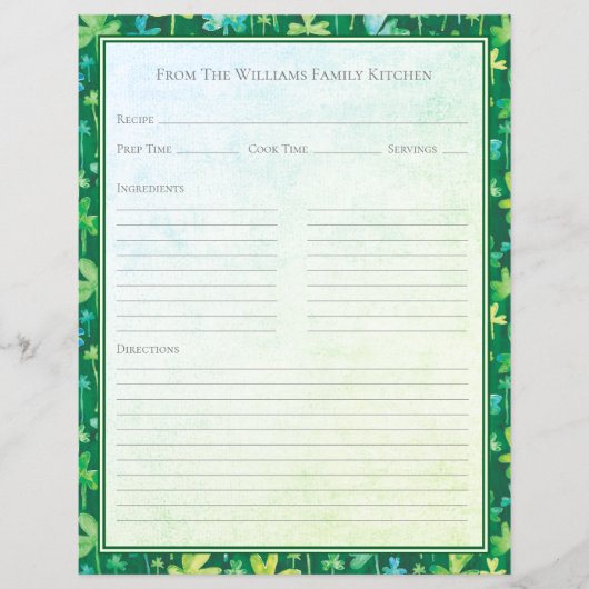 St. Patrick's Shamrocks Green Recipe Paper Sheet (Vorderseite)