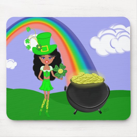 St Pat's Day Brünett Girl Leprechaun mit Regenboge Mousepad (Vorne)