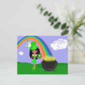 St Pat's Day Brünett Girl Leprechaun mit Regenboge Postkarte (Stehend Vorderseite)