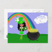 St Pat's Day Brünett Girl Leprechaun mit Regenboge Postkarte (Vorne/Hinten)