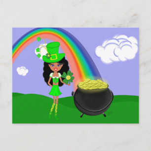 St Pat's Day Brünett Girl Leprechaun mit Regenboge Postkarte