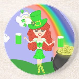 St Pat's Day Redhead Girl Leprechaun with Rainbow Untersetzer