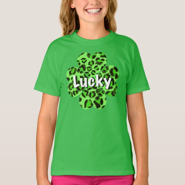 St. Patty's Day Green cheetah Leopard Kleeblatt T-Shirt (Vorderseite)