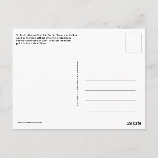 St. Paul Lutheran Church - Serbin, TX - Postkarte (Rückseite)