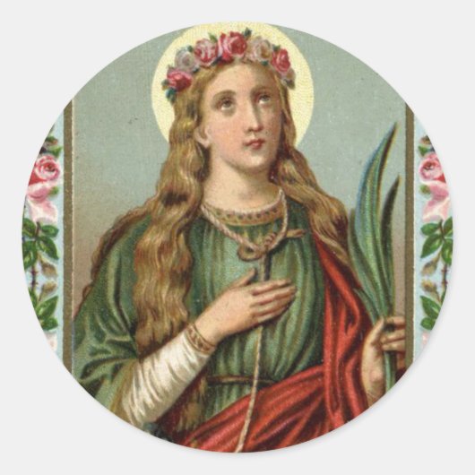 St. Philomena Pink Roses Palm Cord Runder Aufkleber (Vorderseite)