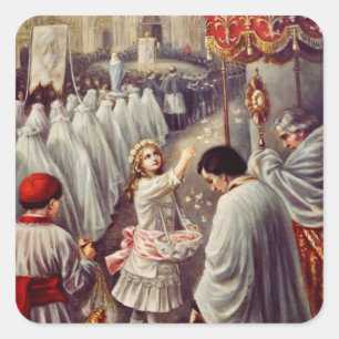 St. Teresa wirft Blume zum gesegneten Sakrament Quadratischer Aufkleber