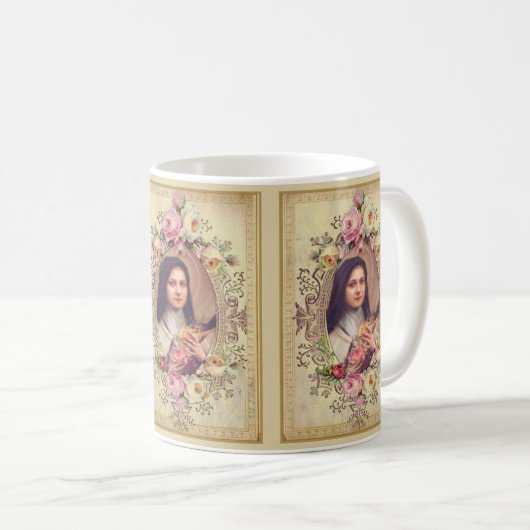 St. Therese das kleine Blumen-Rosen-Kruzifix Kaffeetasse (VorderseiteRechts)