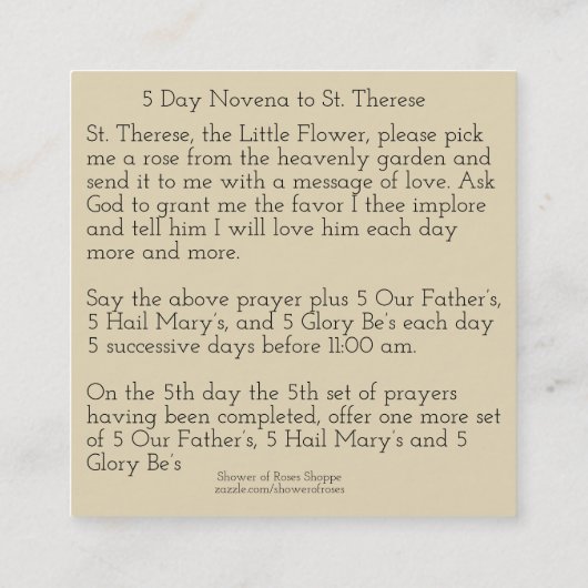 St. Therese der kleine Blumen-Rosa-RosenNovena Quadratische Visitenkarte (Rückseite)