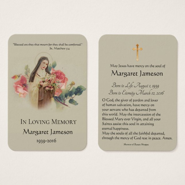 St. Therese Pink Roses Funeral Memorial Holy Card (Vorne & Hinten)
