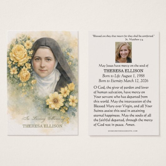 St. Therese Yellow Floral Funeral Prayer Memorial  (Vorne & Hinten)