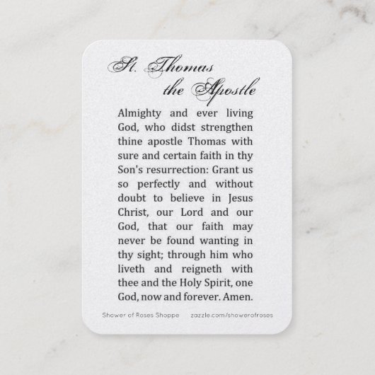 St. Thomas, das katholische Apostelgebet Religiös Platzkarte (Rückseite)