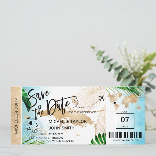 ST THOMAS Save the Date Boarding Pass Beach Einladung (Stehend Vorderseite)