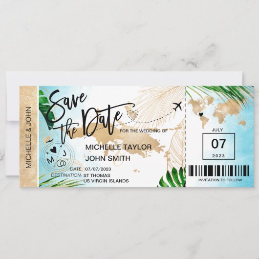 ST THOMAS Save the Date Boarding Pass Beach Einladung (Vorderseite)