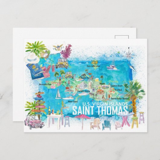 St. Thomas USVI Illustrierte Fahrkarte Postkarte (Vorne/Hinten)