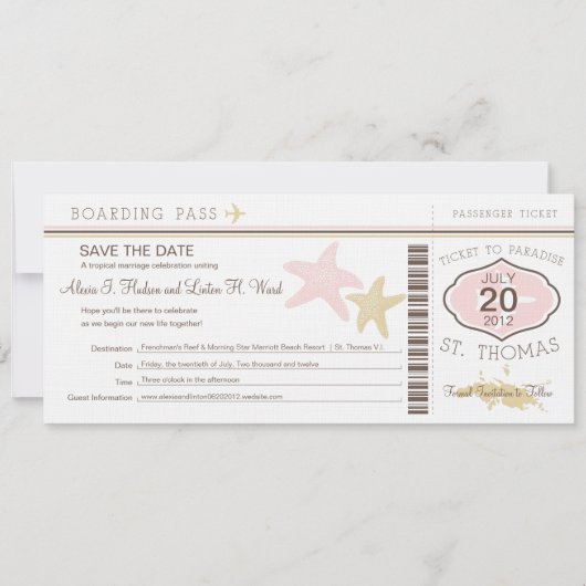 St. Thomas Wedding Boarding Pass Save The Date (Vorderseite)