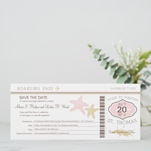 St. Thomas Wedding Boarding Pass Save The Date (Stehend Vorderseite)