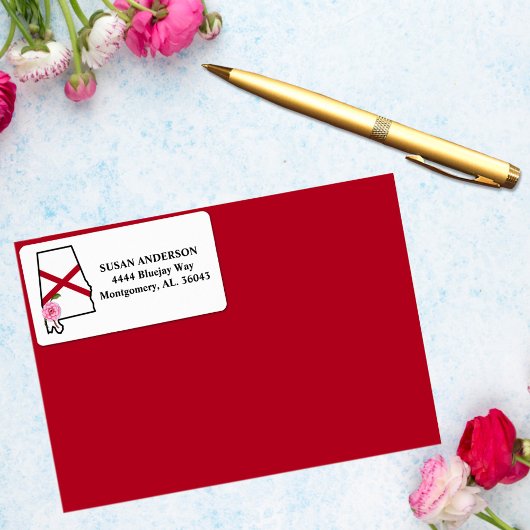 Staat Alabama Flag mit Staat Blume Camellia Adressaufkleber