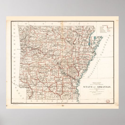 Staat Arkansas Map (1886) Poster (Vorne)