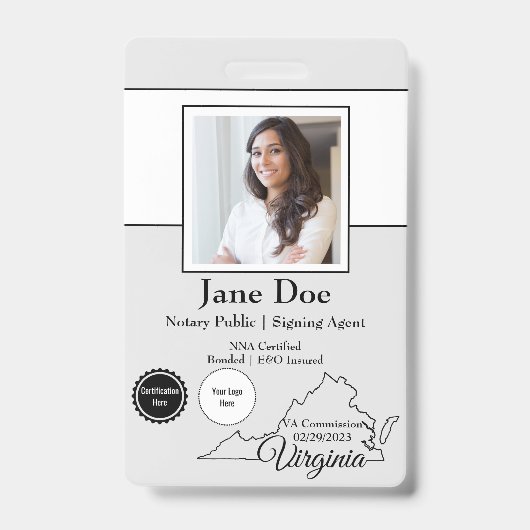 Staat des Notars von Virginia mit QR-Code Ausweis (Vorderseite)