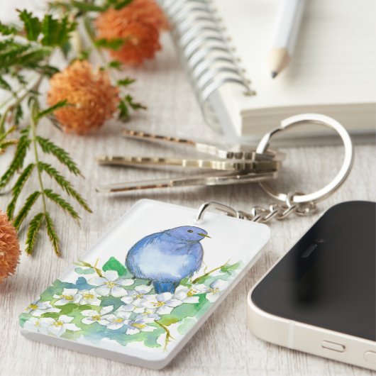 Staat von Idaho Mountain Bluebird Syringa Blume Schlüsselanhänger (Vorderseite rechts)