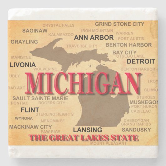 Staat von Michigan Map, Detroit, Lansing Steinuntersetzer (Vorderseite)