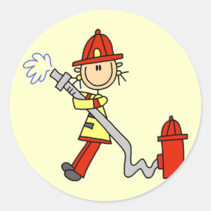 Stäbchenfigur Feuerwehrmann mit Schlauch Runder Aufkleber