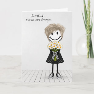 Stäbchenfigur Mädchen mit Geburtstags-Daisy-Sträuß Karte