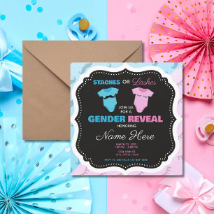 Staches Lashes Pink Blue Gender Reveal Einladung
