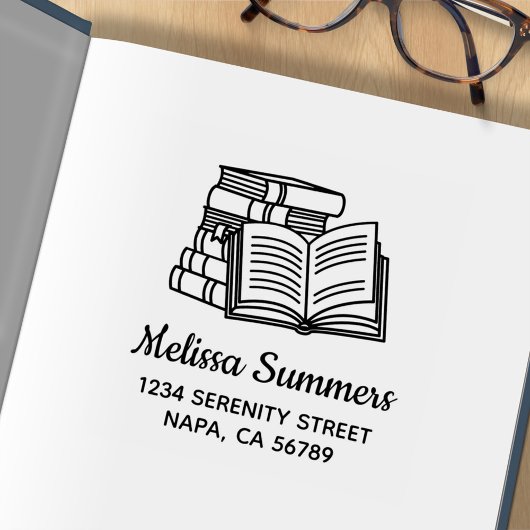 Stack of Books and Open Book Address Gummistempel