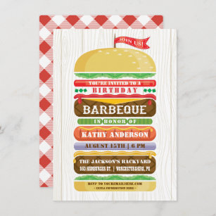 Stacked Hamburger Birthday BBQ Woodgrain Einladung
