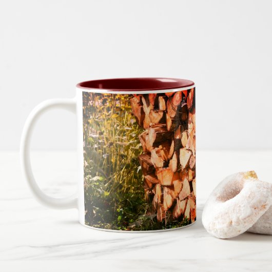 Stacks Firewood Nature Fotografy Zweifarbige Tasse (Mit Donut)