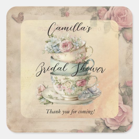 Stacks Floral Teacups Ephemere Brautparty Quadratischer Aufkleber (Vorderseite)