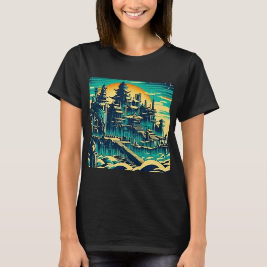 Stadt Atlantis 1 - Holzschnitt T-Shirt (Vorderseite)