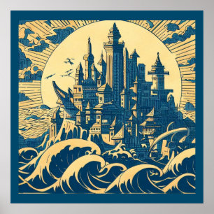 Stadt Atlantis 3 - Holzschnitt Poster