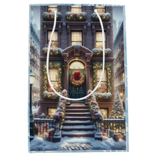Stadt Brownstone zu Weihnachten Mittlere Geschenktüte (Vorderseite)