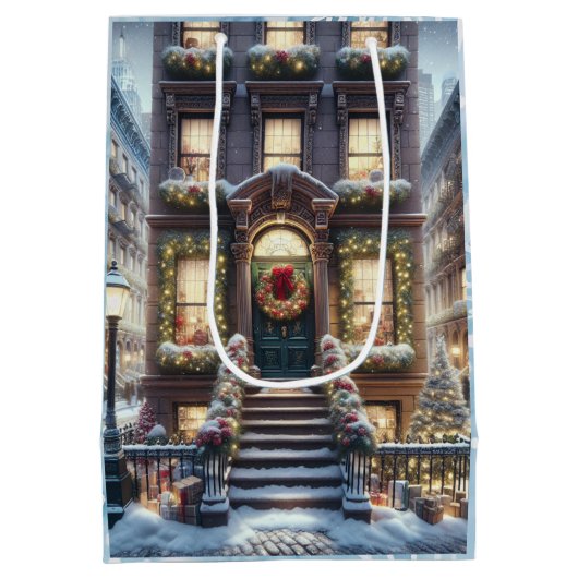 Stadt Brownstone zu Weihnachten Mittlere Geschenktüte (Rückseite)