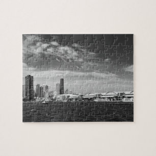 Stadt - Chicago-Skyline u. der Marine-Pier BW Puzzle