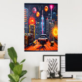 Stadt, Dach und Feuerwerk| AI Art Poster (Heimbüro)