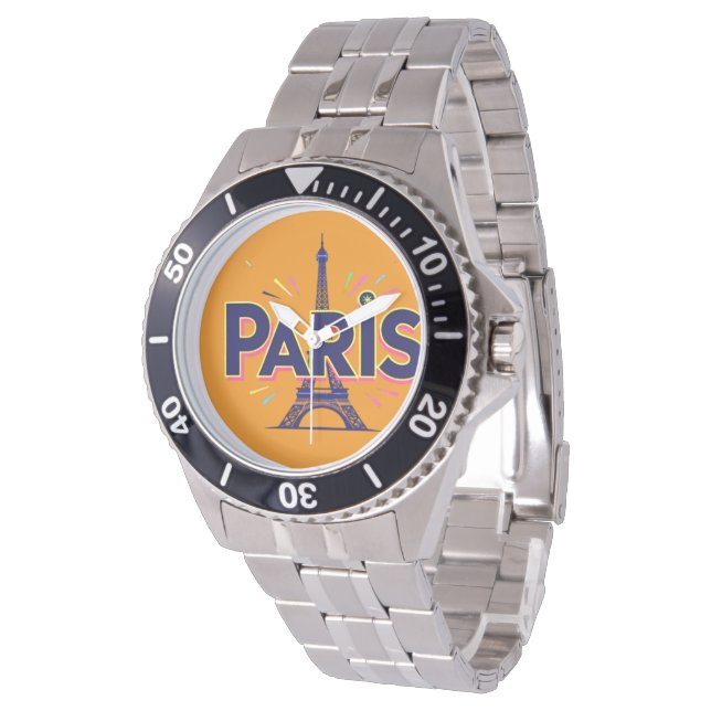 Stadt der Lichter: Kühne Pariser Typografie-Kunst Armbanduhr (Schrägansicht)